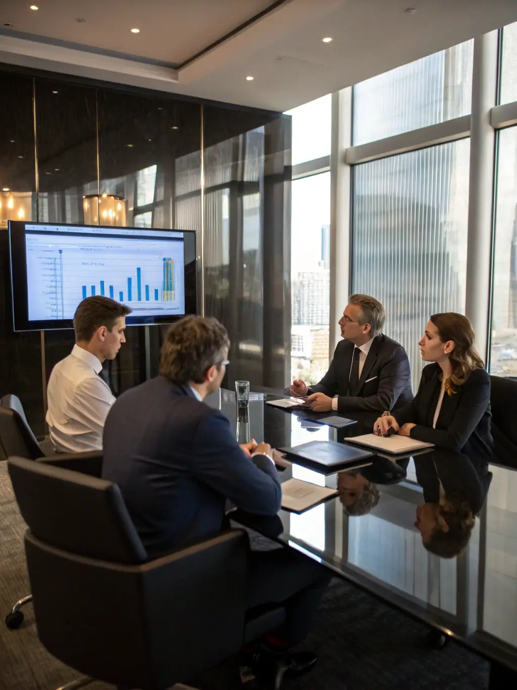 A business team reviewing a comprehensive report with charts and graphs, showing how Test4uCameroon helps in strategic decision-making.